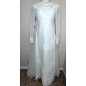 Vintage Union Made 60s Prairie Lace‎ Sequin Empire Waist Wedding Dress Ivory